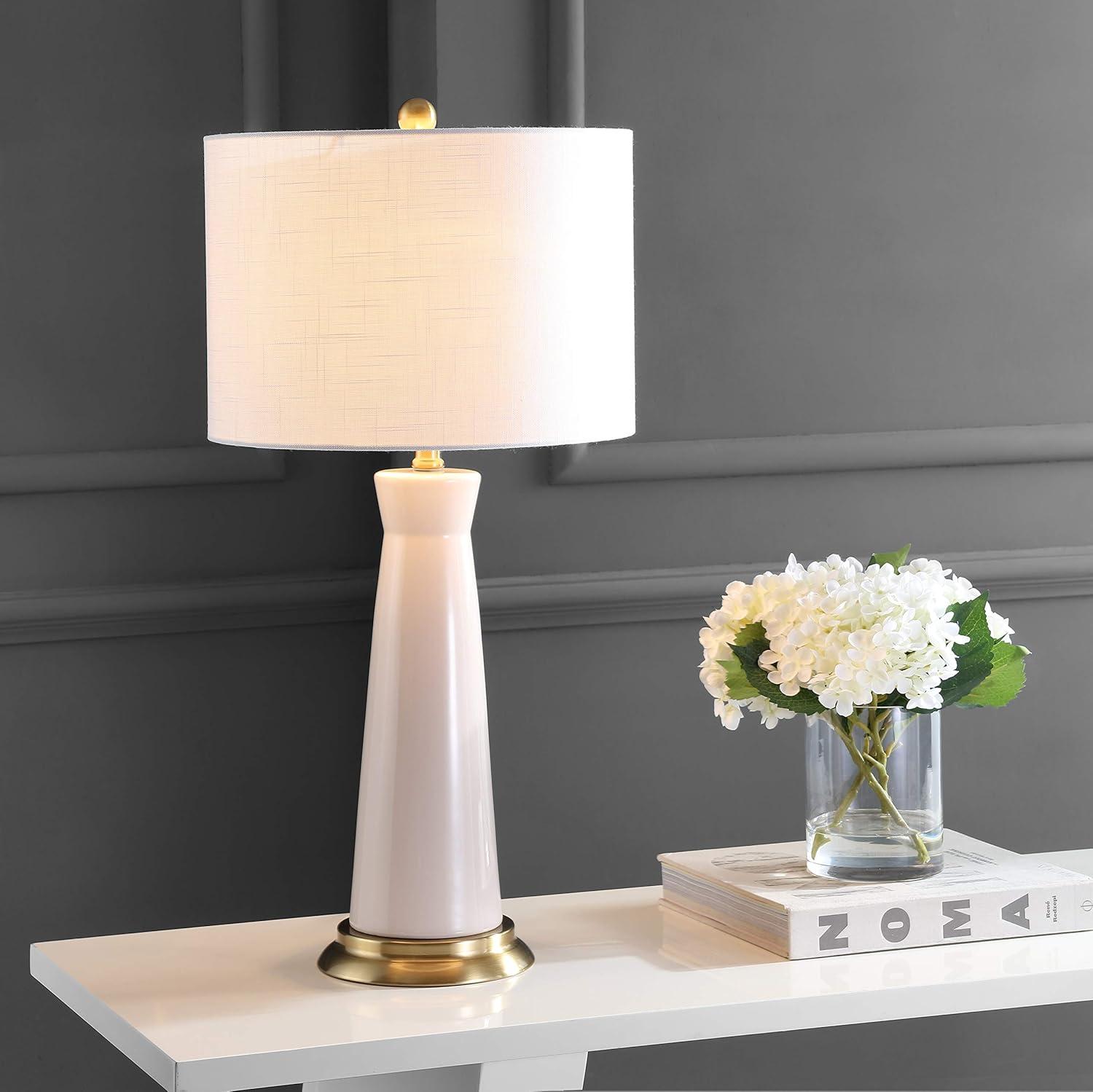 image:imageJONATHAN Y 29 WhiteBrass Gold Modern Ceramic Column Table Lamp with Brass Gold Base Elegant Bedside Lamp for Living Room Bedroom Nightstand White Linen Shade LED Bulb Included JYL3046BCream