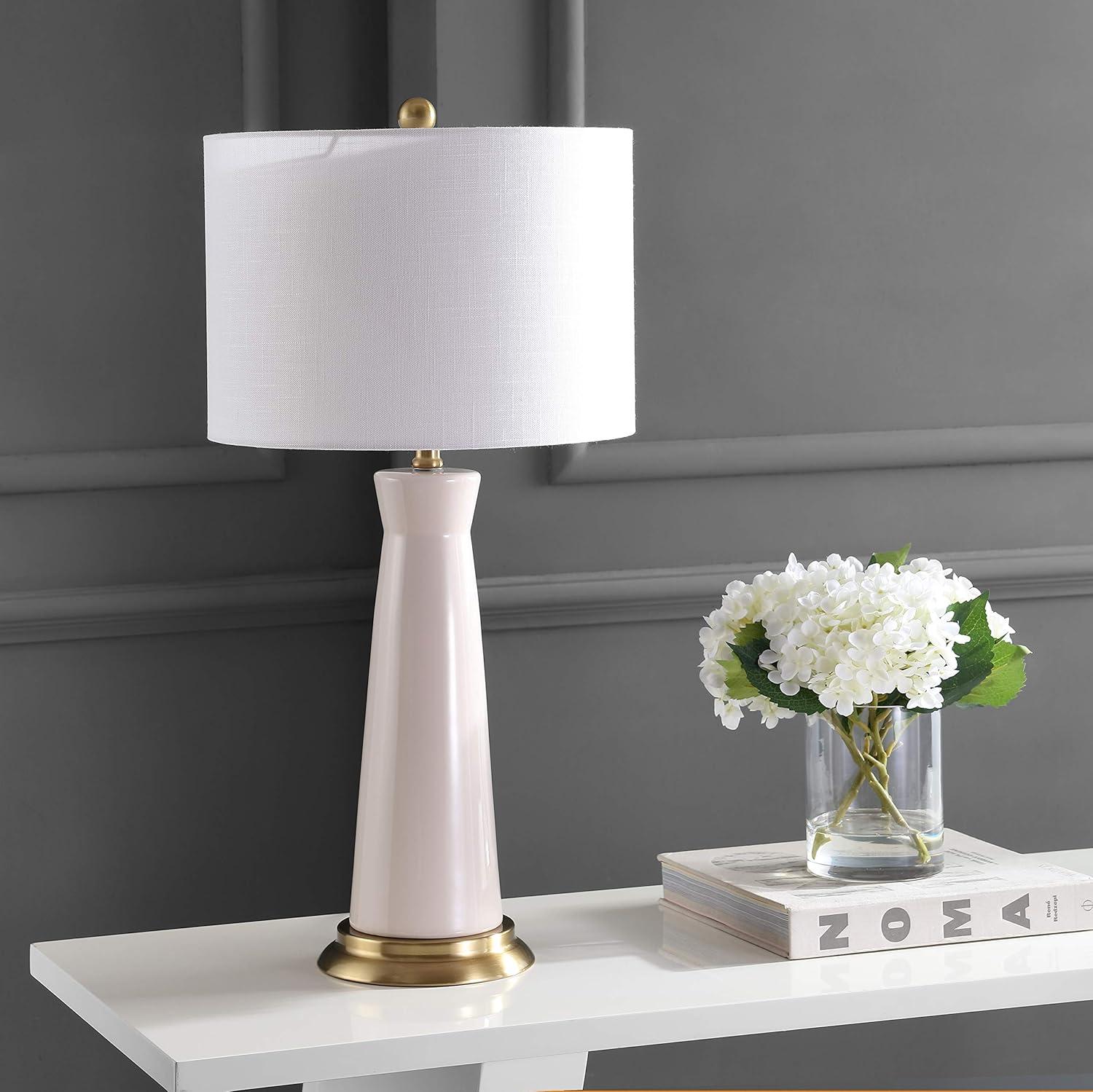 image:imageJONATHAN Y 29 WhiteBrass Gold Modern Ceramic Column Table Lamp with Brass Gold Base Elegant Bedside Lamp for Living Room Bedroom Nightstand White Linen Shade LED Bulb Included JYL3046BCream