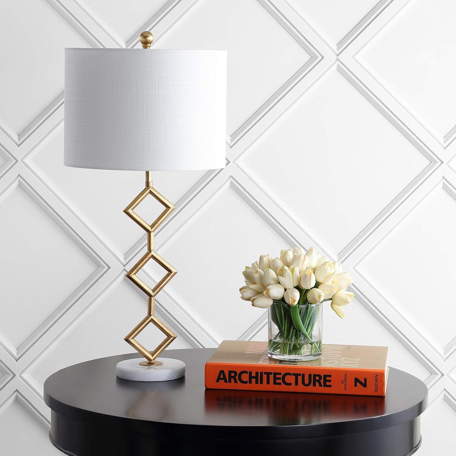 image:imageJONATHAN Y 295 Gold Modern Geometric Table Lamp with Marble Base Glam Diamante Metal Diamond Silhouette Lamp for Bedroom Living Room White Linen Shade LED Bulb Included JYL1080A