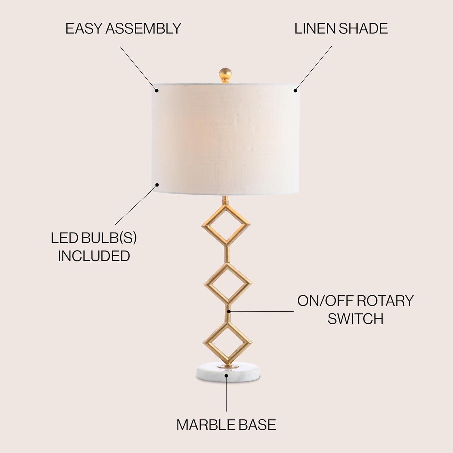 image:imageJONATHAN Y 295 Gold Modern Geometric Table Lamp with Marble Base Glam Diamante Metal Diamond Silhouette Lamp for Bedroom Living Room White Linen Shade LED Bulb Included JYL1080A