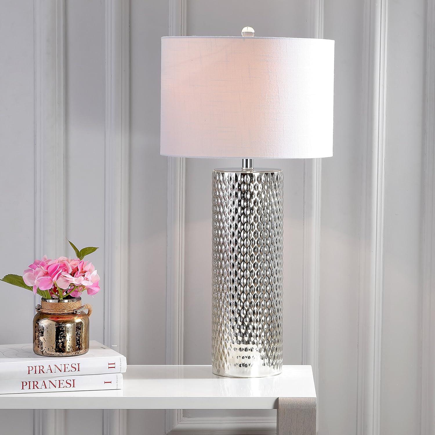 image:imageJONATHAN Y 30 Silver Isabella Studded Glass Table Lamp Contemporary Glam Silver Leaf Base with White Linen Drum Shade for Bedroom Living Room LED Bulb Included JYL1013A