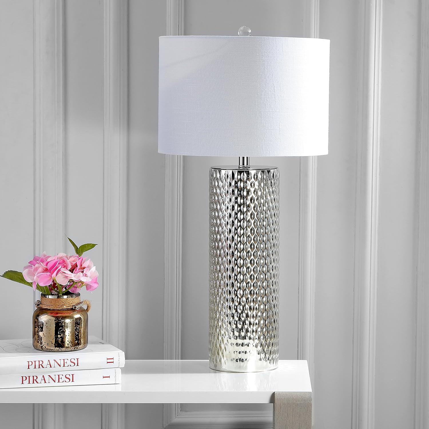 image:imageJONATHAN Y 30 Silver Isabella Studded Glass Table Lamp Contemporary Glam Silver Leaf Base with White Linen Drum Shade for Bedroom Living Room LED Bulb Included JYL1013A