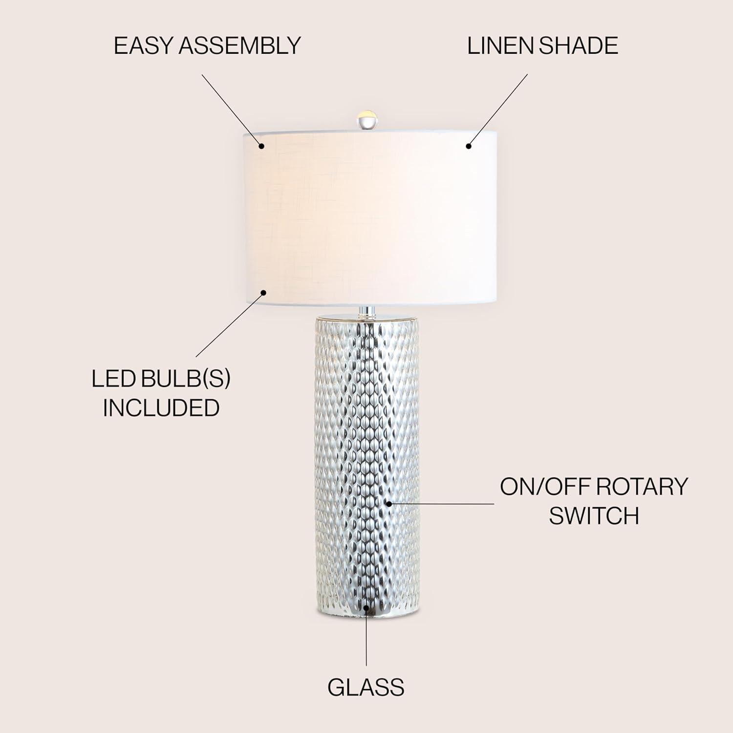 image:imageJONATHAN Y 30 Silver Isabella Studded Glass Table Lamp Contemporary Glam Silver Leaf Base with White Linen Drum Shade for Bedroom Living Room LED Bulb Included JYL1013A