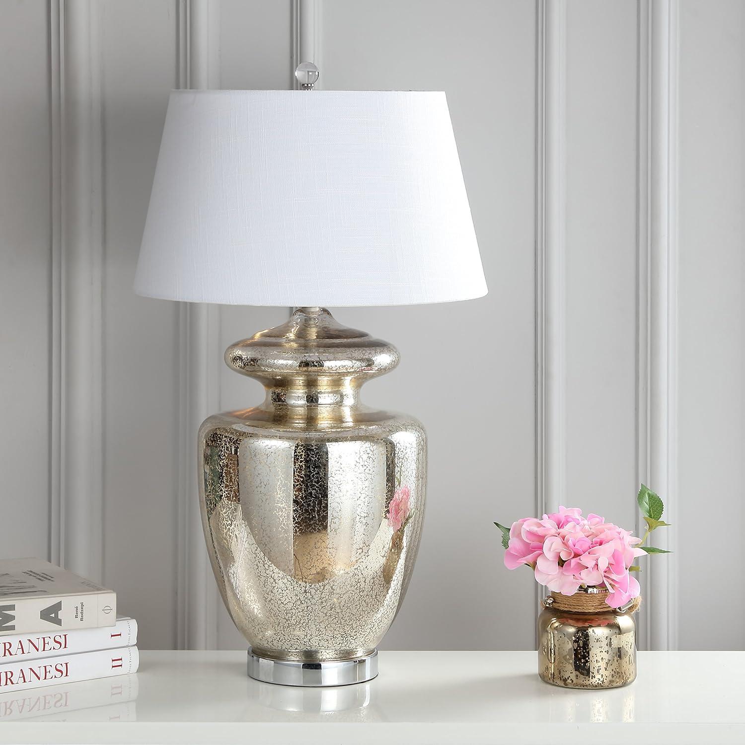 image:imageJONATHAN Y 31 Mercury Silver Glass Table Lamp Modern Glam Urn Bedside Lamp for Living Room Bedroom White Linen Drum Shade Chrome Finish LED Bulb Included JYL1014A