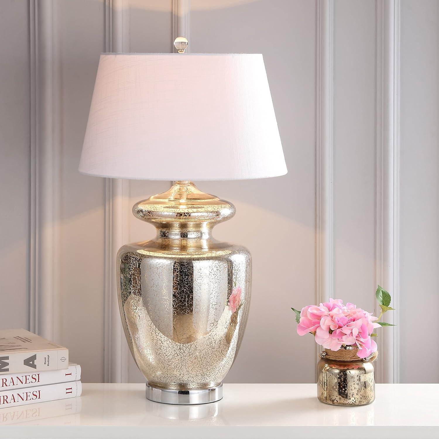 image:imageJONATHAN Y 31 Mercury Silver Glass Table Lamp Modern Glam Urn Bedside Lamp for Living Room Bedroom White Linen Drum Shade Chrome Finish LED Bulb Included JYL1014A