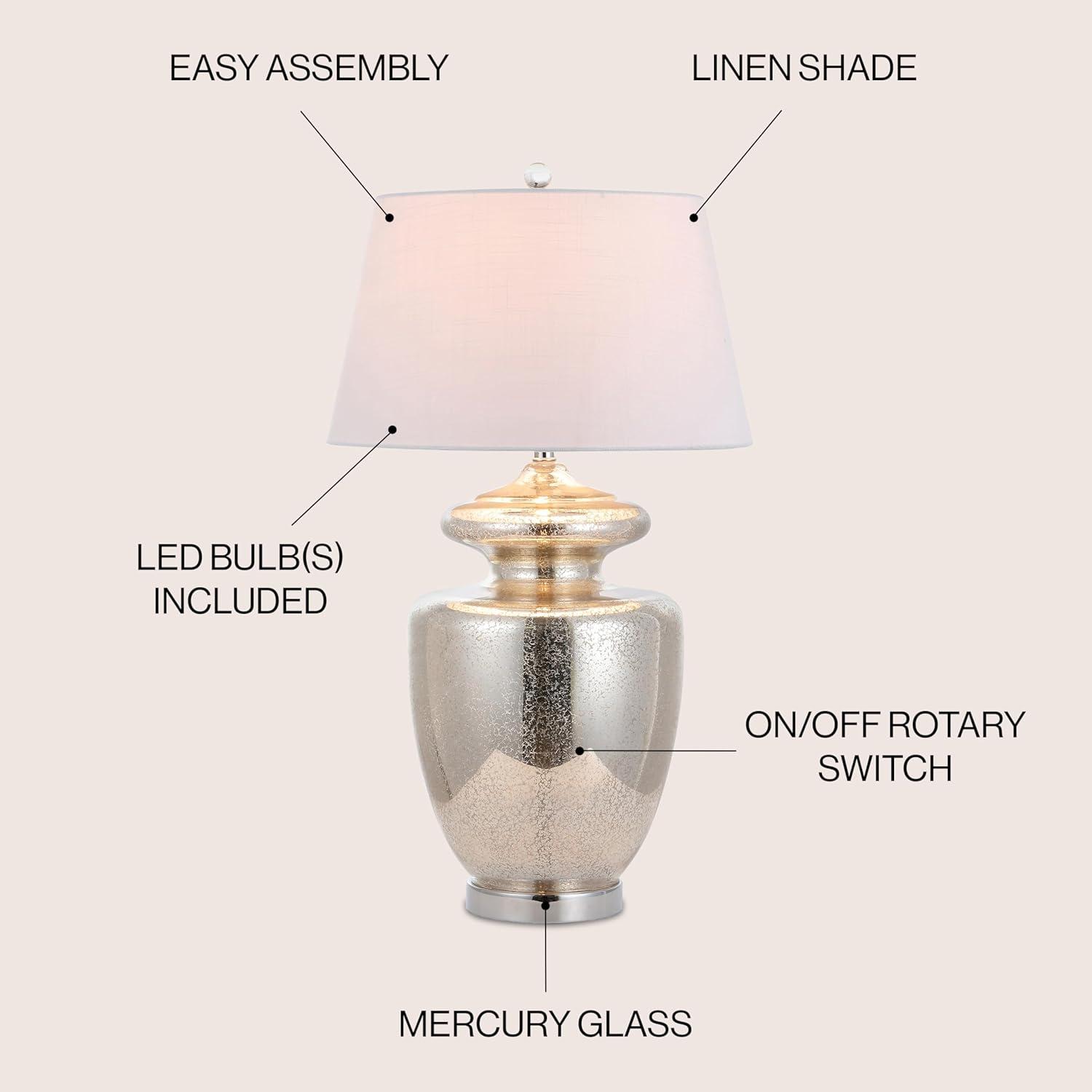 image:imageJONATHAN Y 31 Mercury Silver Glass Table Lamp Modern Glam Urn Bedside Lamp for Living Room Bedroom White Linen Drum Shade Chrome Finish LED Bulb Included JYL1014A