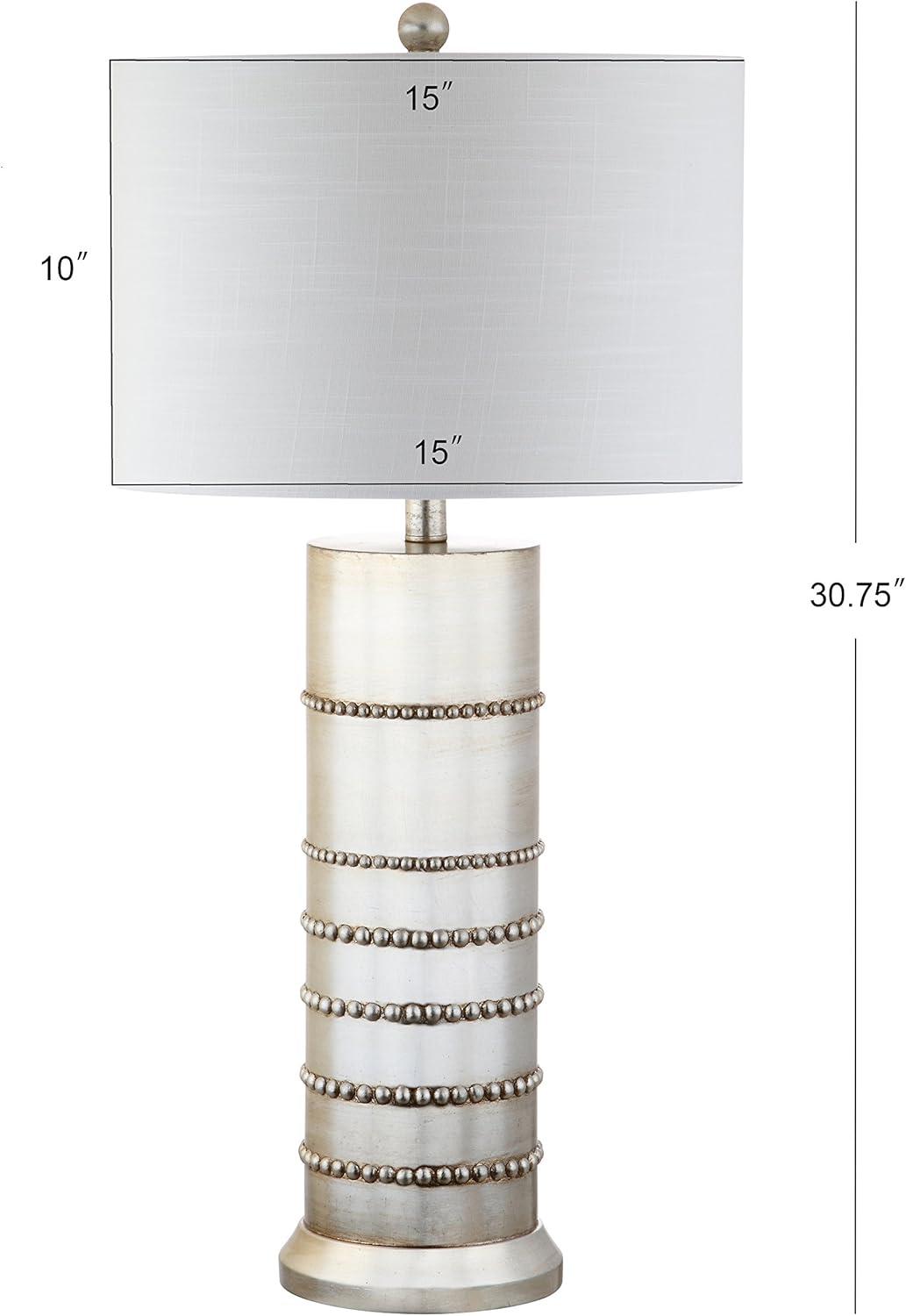 image:imageJONATHAN Y 31 Silver Leaf Resin Table Lamp Modern Farmhouse Wrapped Rope Bedside Lamp for Living Room Bedroom White Linen Drum Shade UL Listed LED Bulb Included JYL1012A