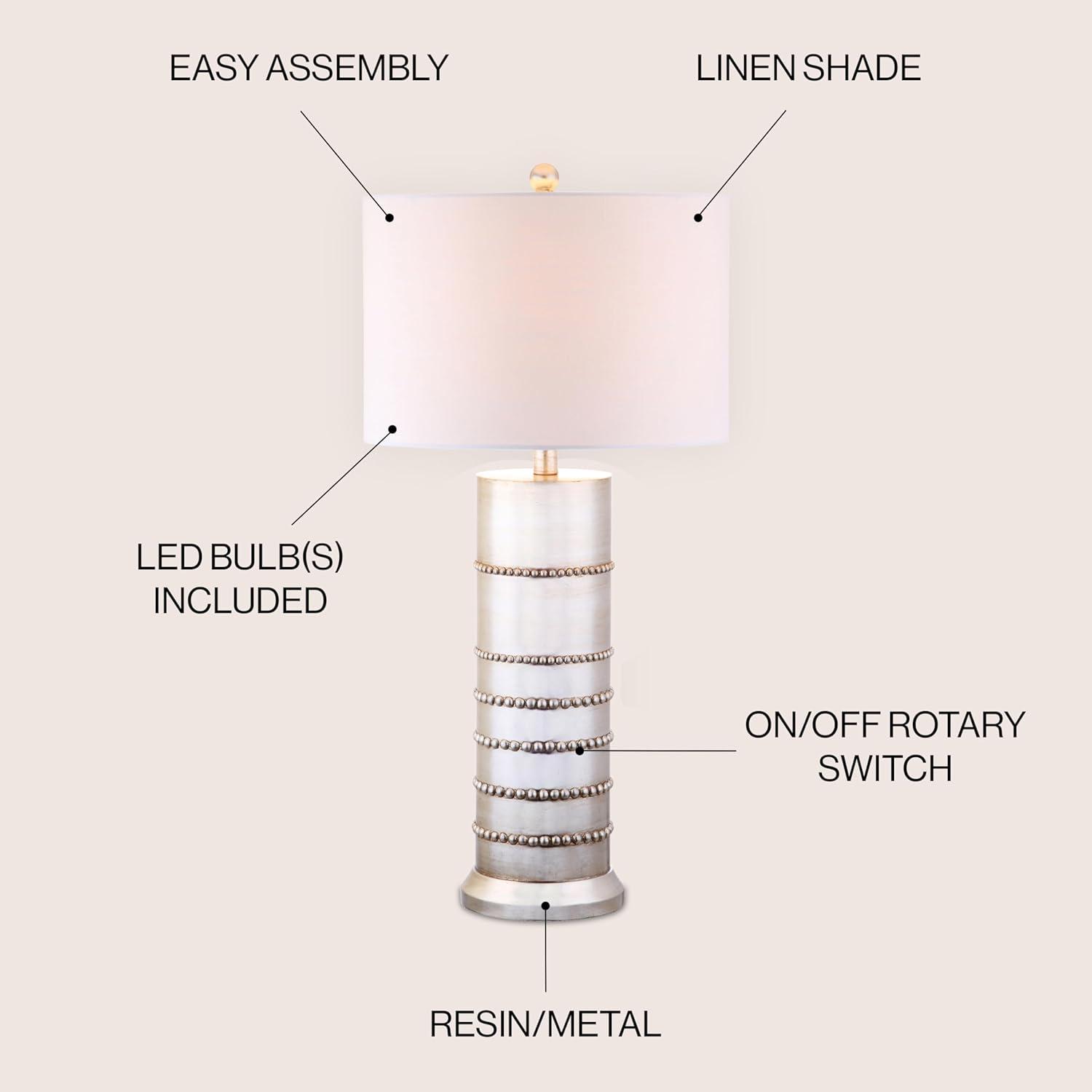 image:imageJONATHAN Y 31 Silver Leaf Resin Table Lamp Modern Farmhouse Wrapped Rope Bedside Lamp for Living Room Bedroom White Linen Drum Shade UL Listed LED Bulb Included JYL1012A