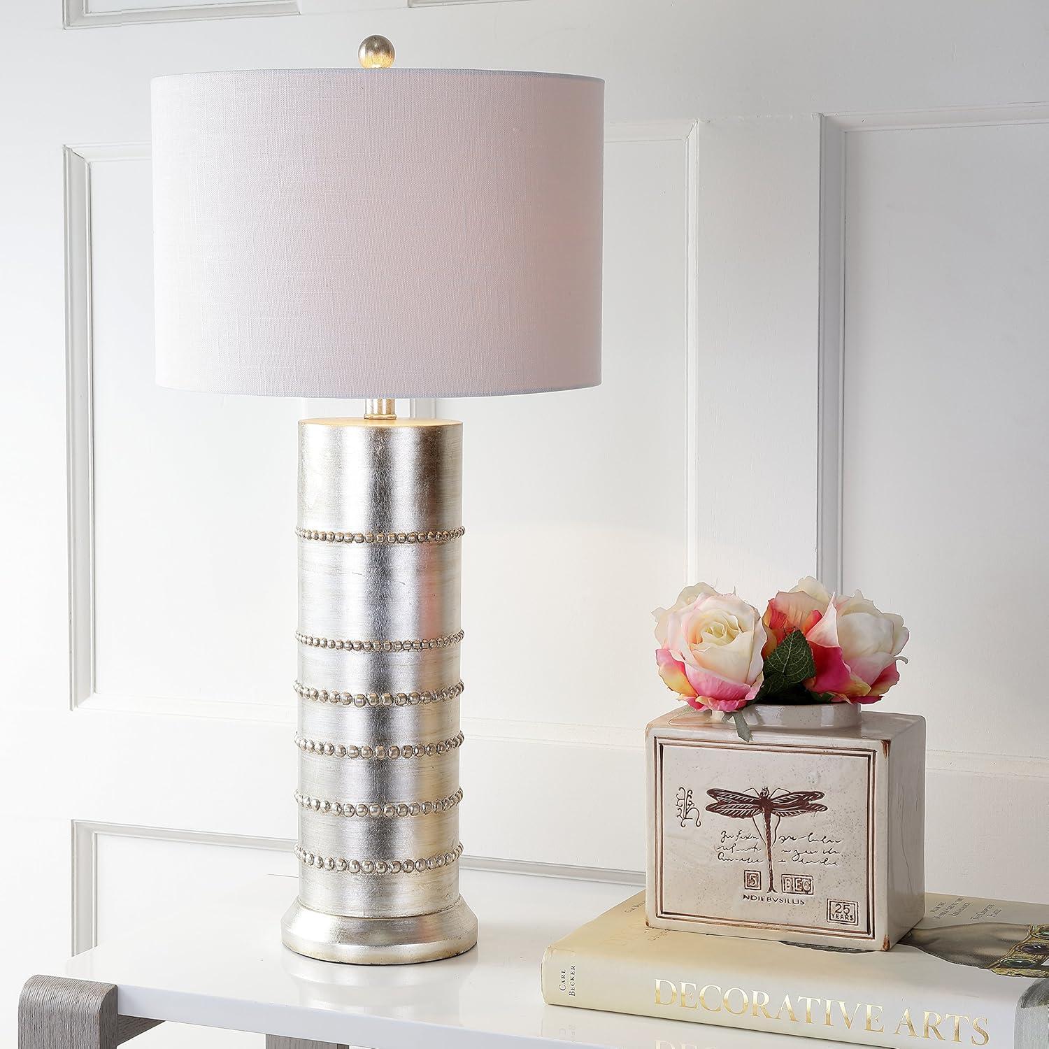 image:imageJONATHAN Y 31 Silver Leaf Resin Table Lamp Modern Farmhouse Wrapped Rope Bedside Lamp for Living Room Bedroom White Linen Drum Shade UL Listed LED Bulb Included JYL1012A