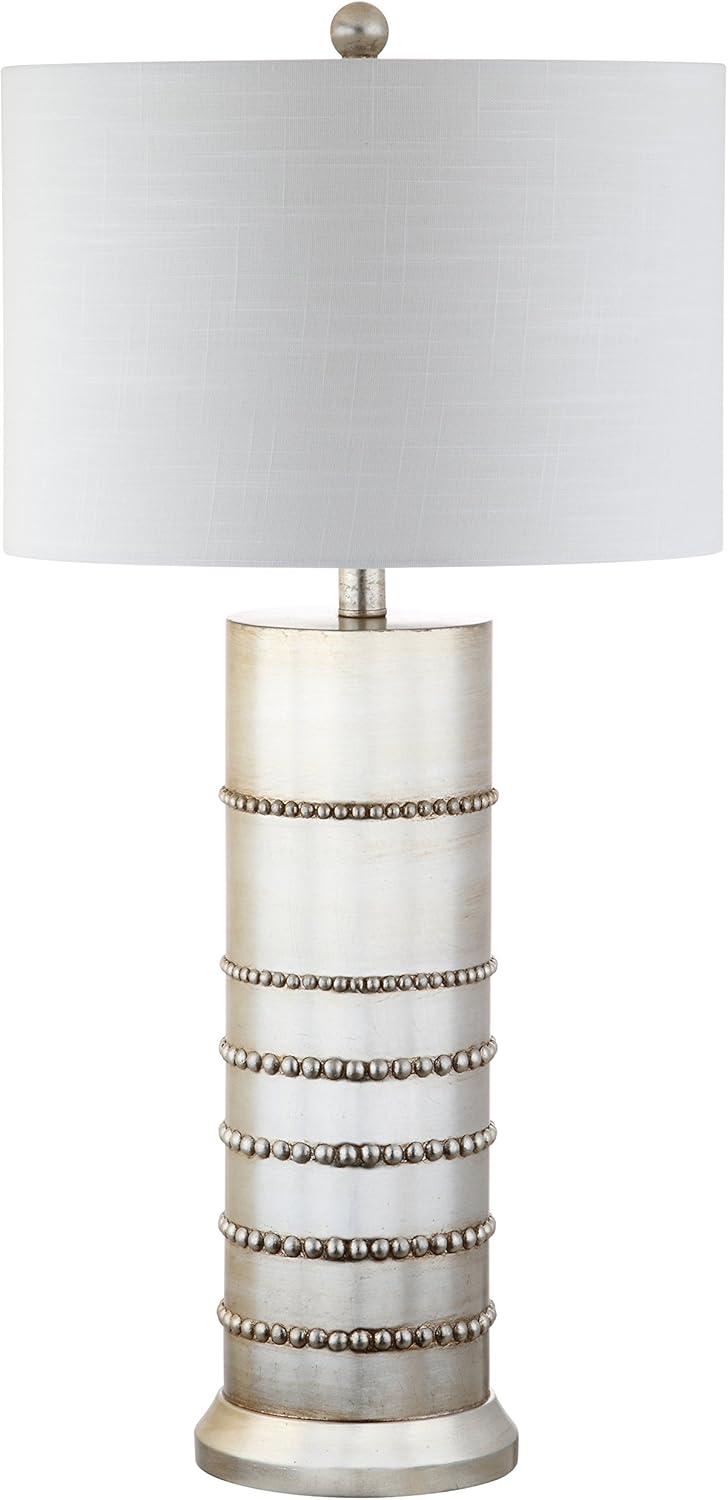 image:imageJONATHAN Y 31 Silver Leaf Resin Table Lamp Modern Farmhouse Wrapped Rope Bedside Lamp for Living Room Bedroom White Linen Drum Shade UL Listed LED Bulb Included JYL1012A