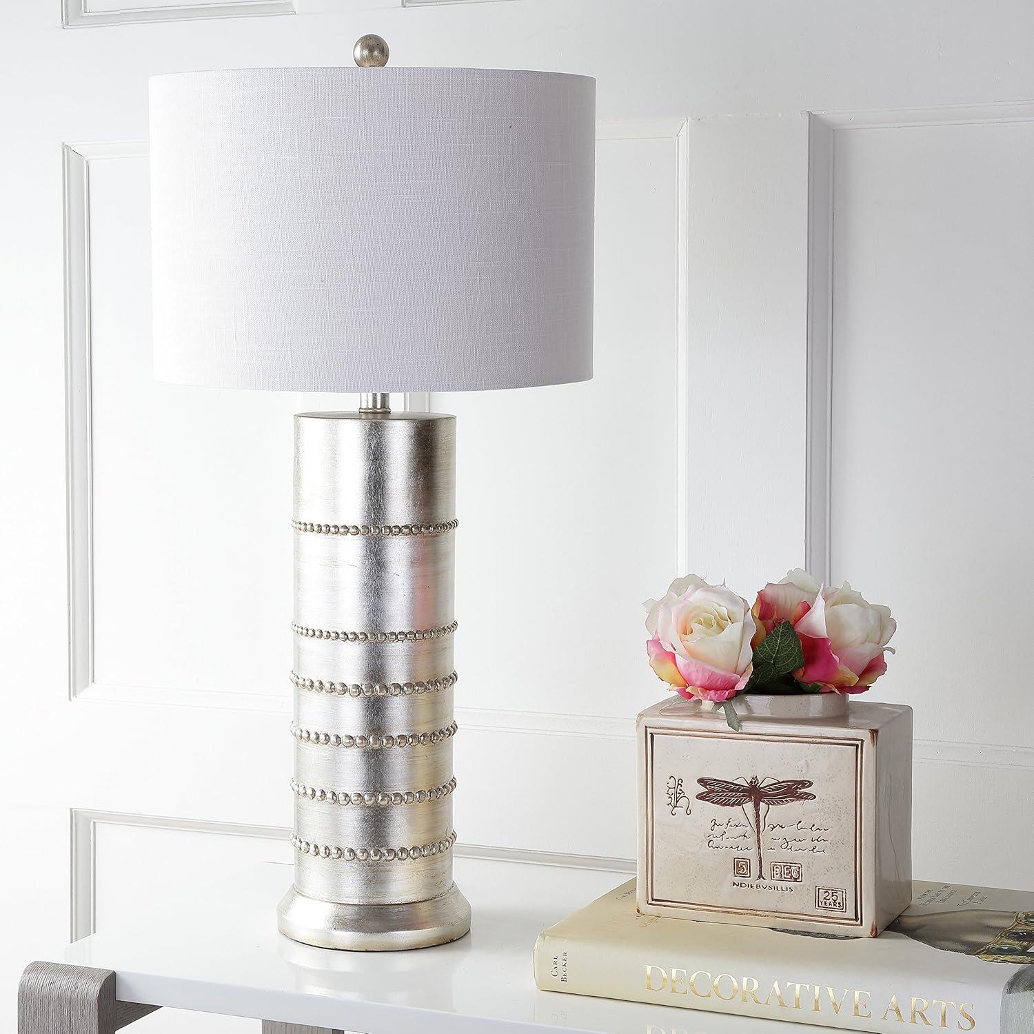 image:imageJONATHAN Y 31 Silver Leaf Resin Table Lamp Modern Farmhouse Wrapped Rope Bedside Lamp for Living Room Bedroom White Linen Drum Shade UL Listed LED Bulb Included JYL1012A