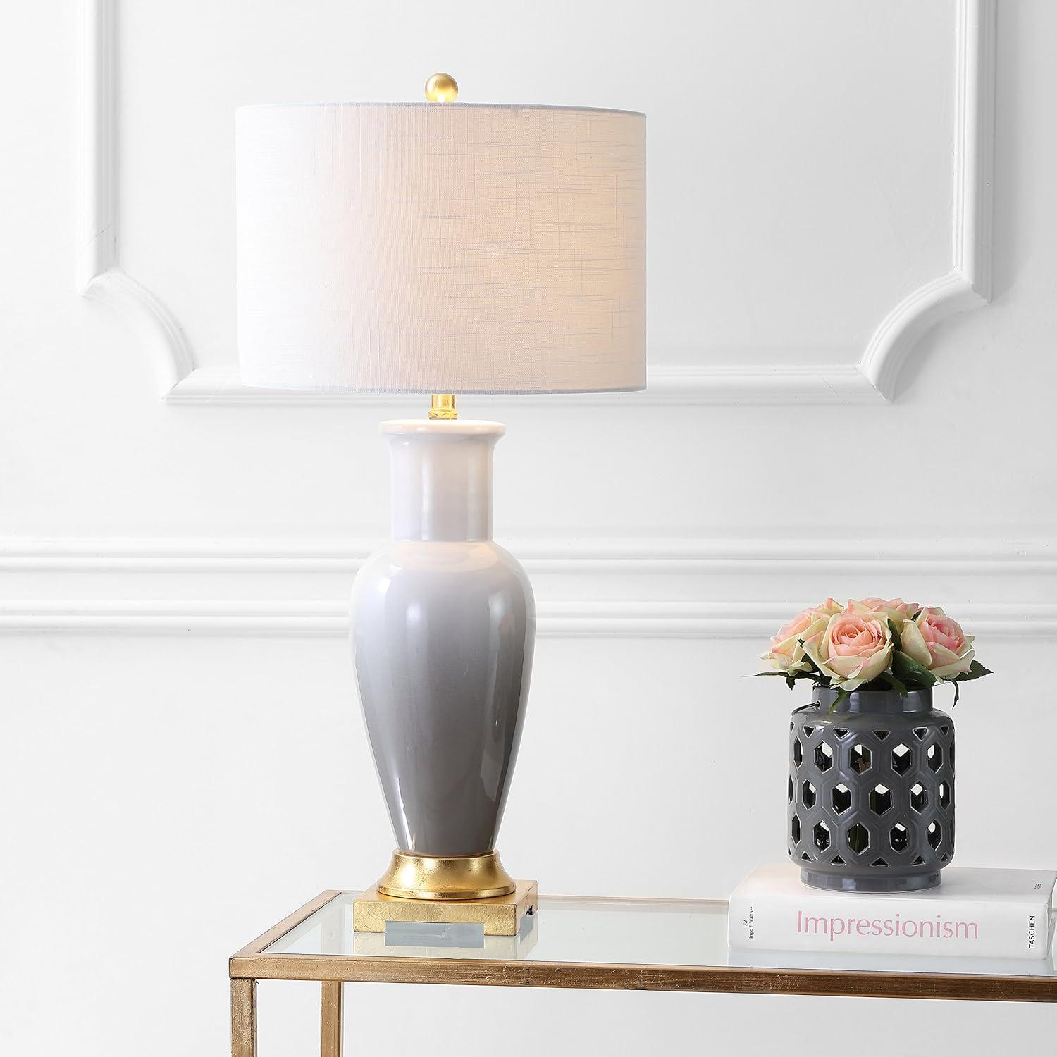 image:imageJONATHAN Y 315 WhiteGray Dip Dye Ceramic Table Lamp for Living Room Large Bedside Lamp for Bedroom with White Linen Drum Shade Traditional End Table Light LED Bulb JYL3017BGray