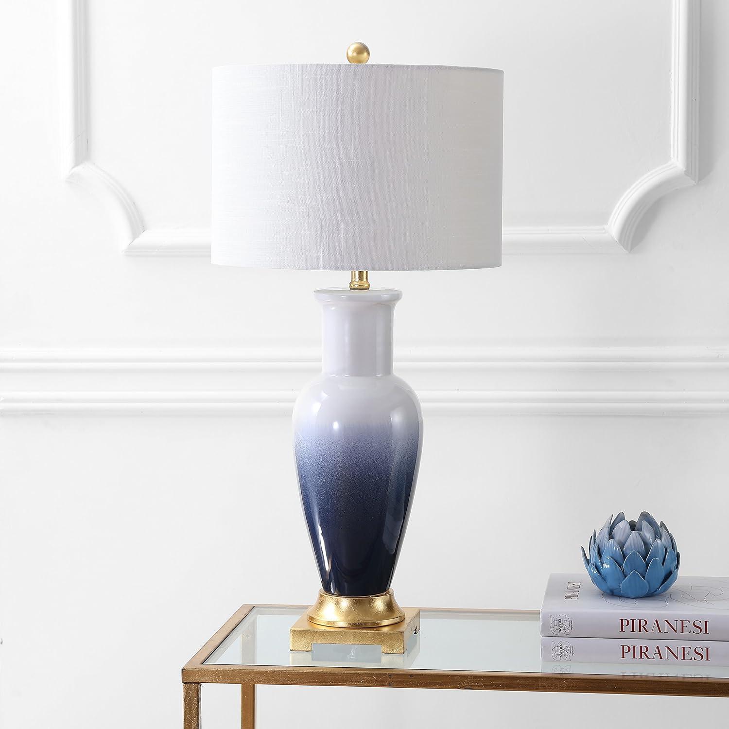 image:imageJONATHAN Y 315 WhiteGray Dip Dye Ceramic Table Lamp for Living Room Large Bedside Lamp for Bedroom with White Linen Drum Shade Traditional End Table Light LED Bulb JYL3017BBlue