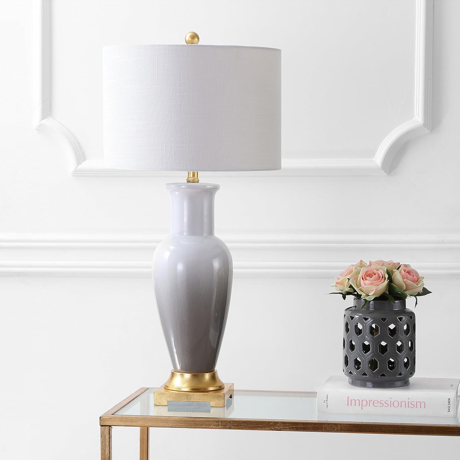 image:imageJONATHAN Y 315 WhiteGray Dip Dye Ceramic Table Lamp for Living Room Large Bedside Lamp for Bedroom with White Linen Drum Shade Traditional End Table Light LED Bulb JYL3017BGray