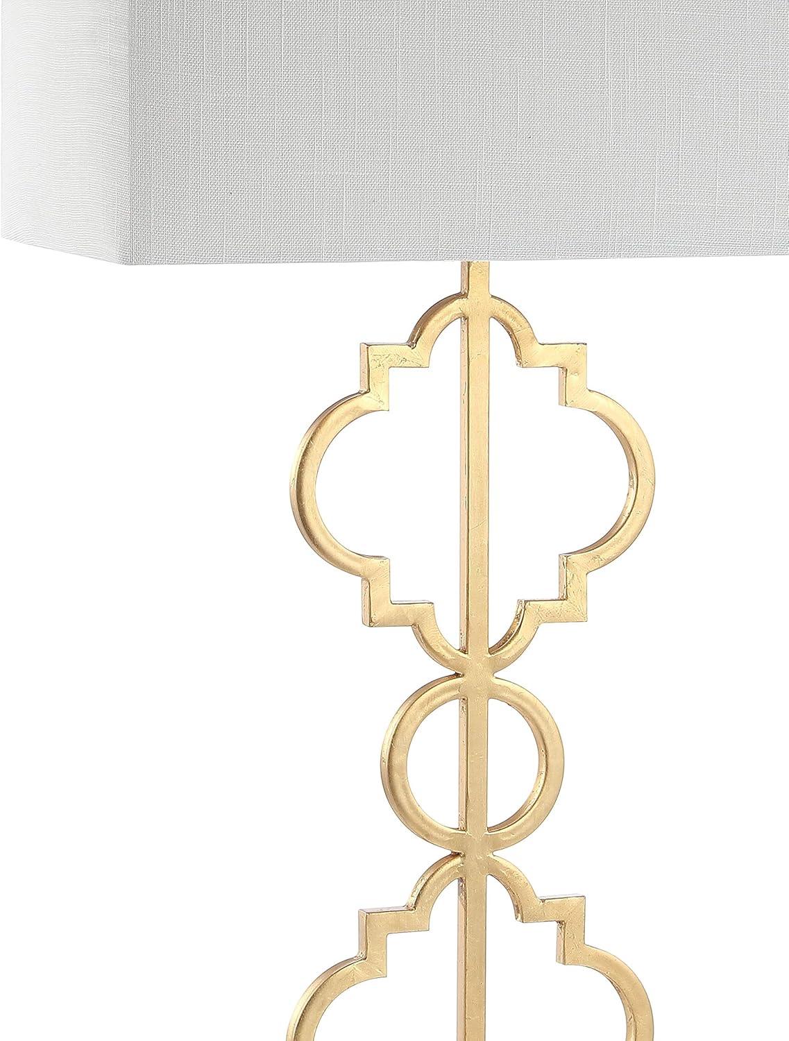 image:imageJONATHAN Y 32 Gold Selina Ogee Trellis LED Table Lamp Glam Modern Iron Geometric Lamp for Living Room Bedroom White Linen Rectangle Shade LED Bulb Included JYL3072A