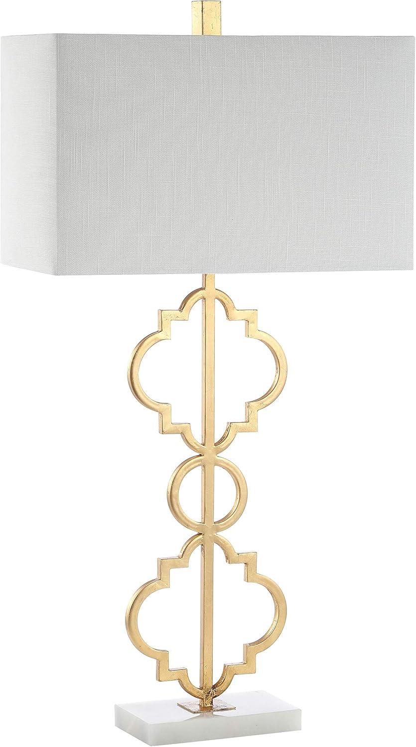 image:imageJONATHAN Y 32 Gold Selina Ogee Trellis LED Table Lamp Glam Modern Iron Geometric Lamp for Living Room Bedroom White Linen Rectangle Shade LED Bulb Included JYL3072A