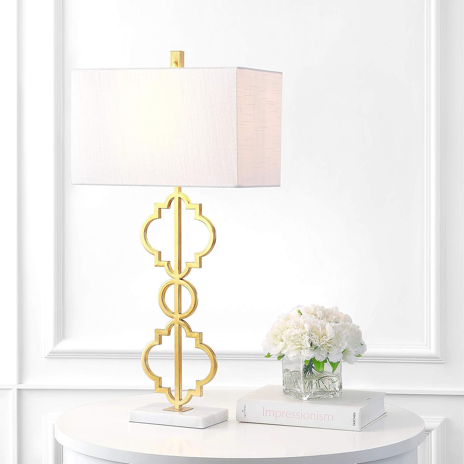 image:imageJONATHAN Y 32 Gold Selina Ogee Trellis LED Table Lamp Glam Modern Iron Geometric Lamp for Living Room Bedroom White Linen Rectangle Shade LED Bulb Included JYL3072A