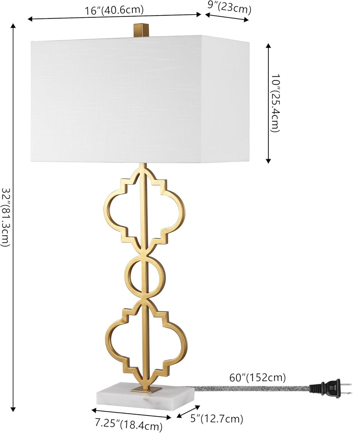 image:imageJONATHAN Y 32 Gold Selina Ogee Trellis LED Table Lamp Glam Modern Iron Geometric Lamp for Living Room Bedroom White Linen Rectangle Shade LED Bulb Included JYL3072A