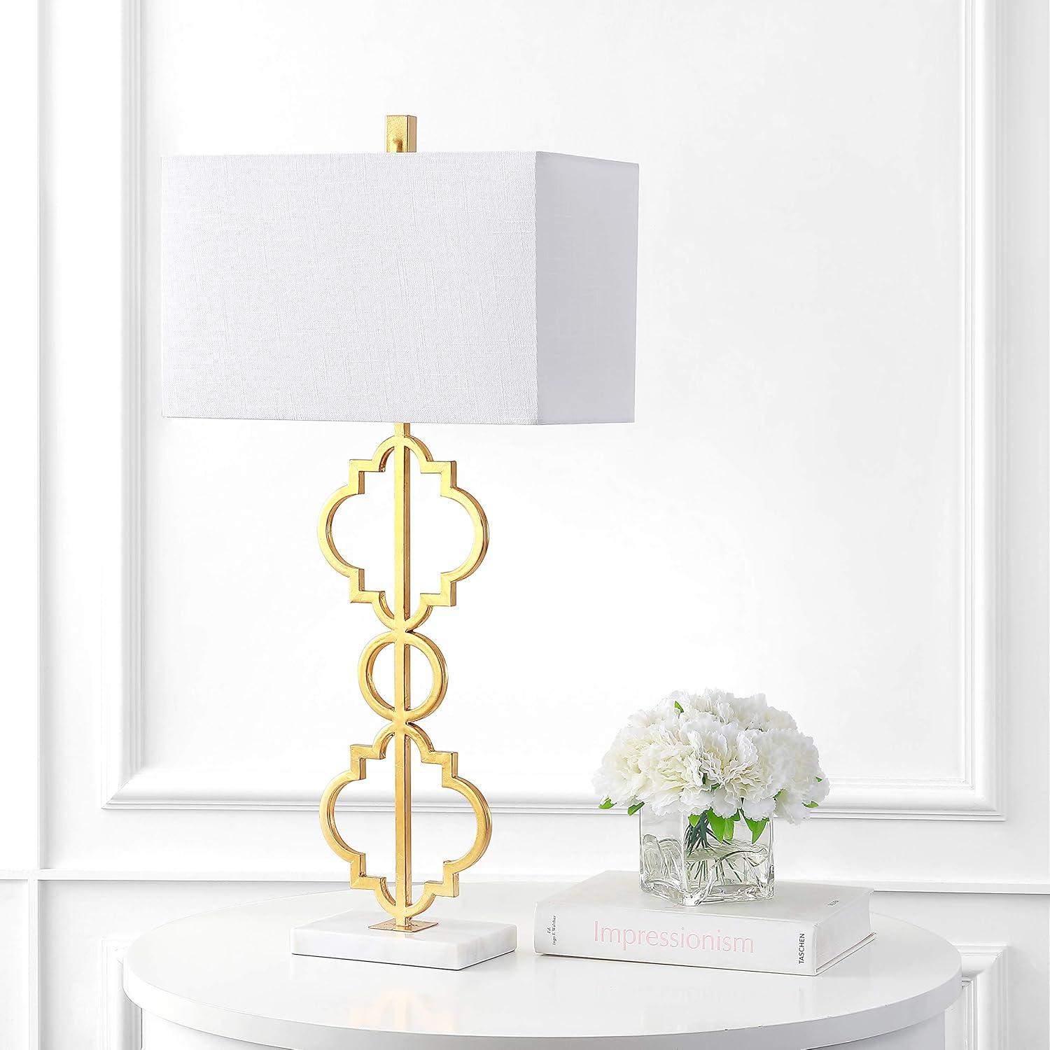 image:imageJONATHAN Y 32 Gold Selina Ogee Trellis LED Table Lamp Glam Modern Iron Geometric Lamp for Living Room Bedroom White Linen Rectangle Shade LED Bulb Included JYL3072A