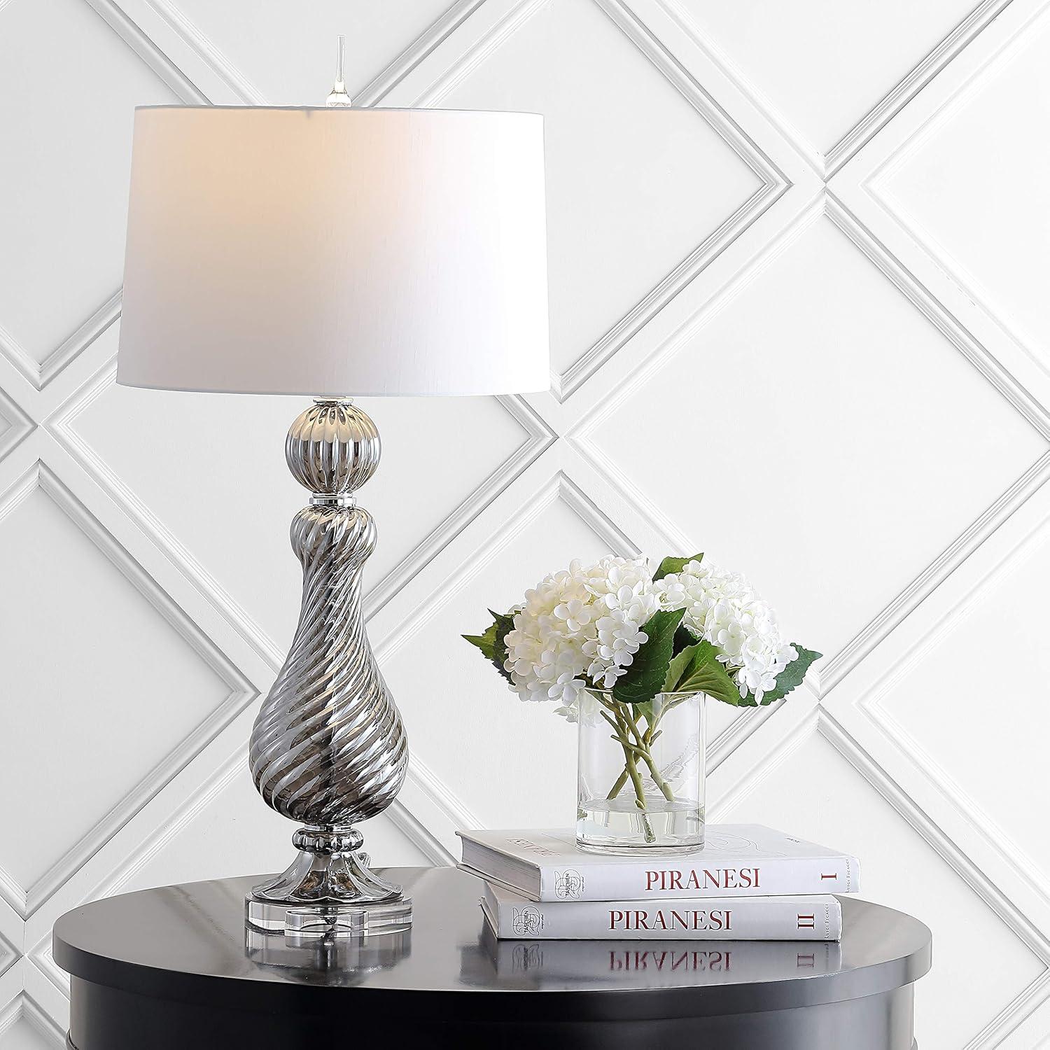 image:imageJONATHAN Y 32 Gray Murano Style Swirled Glass Table Lamp Glam Transitional Crystal Bedside Lamp with White Faux Silk Drum Shade for Living Room LED Bulb Included JYL2063A