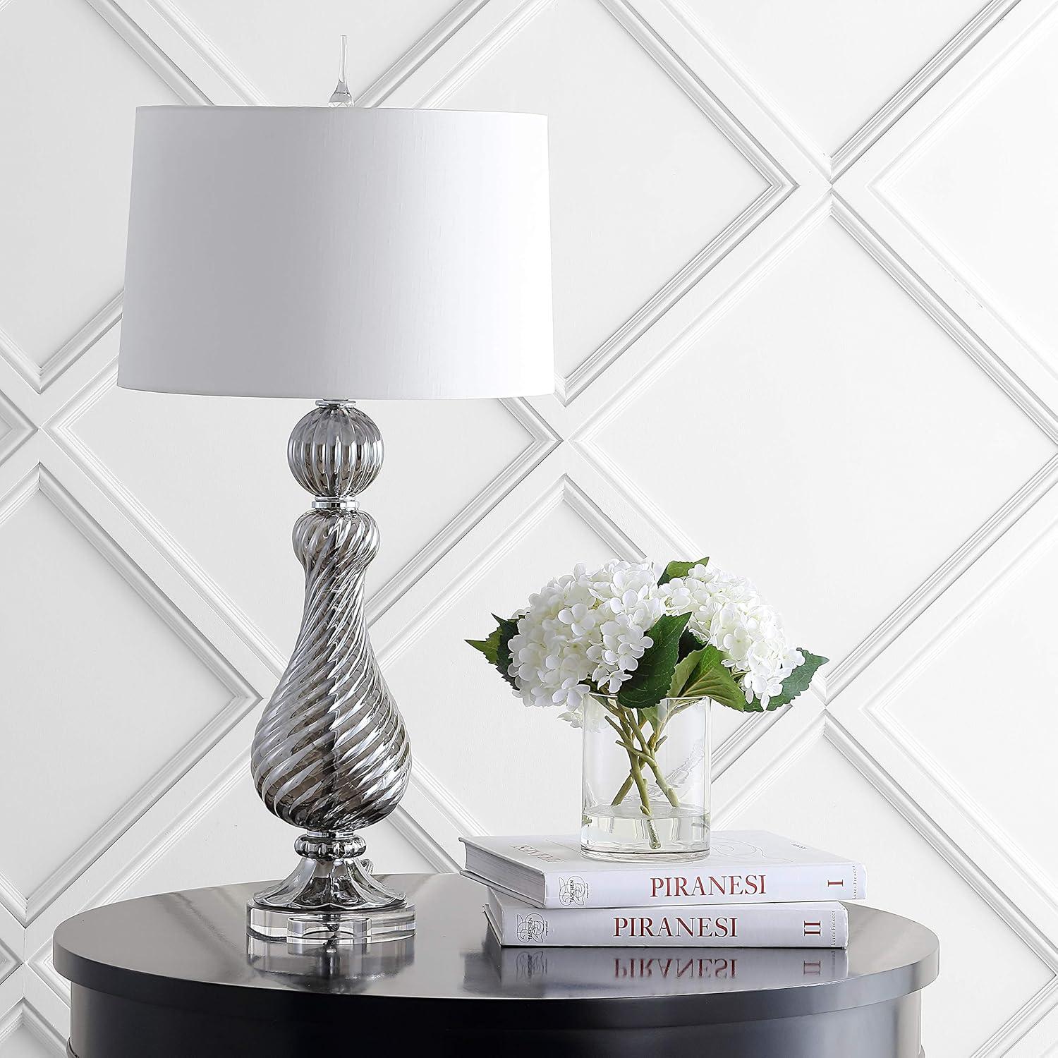 image:imageJONATHAN Y 32 Gray Murano Style Swirled Glass Table Lamp Glam Transitional Crystal Bedside Lamp with White Faux Silk Drum Shade for Living Room LED Bulb Included JYL2063A