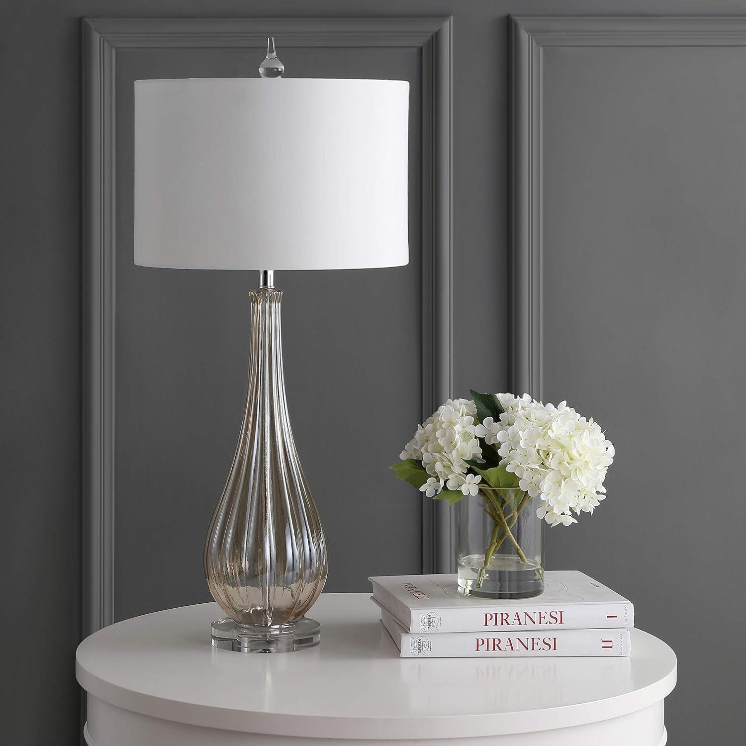 image:imageJONATHAN Y 3275 Champagne Glass Table Lamp Traditional Teardrop Crystal Bedside Lamp with White Faux Silk Drum Shade for Living Room UL Listed LED Bulb Included JYL2070A