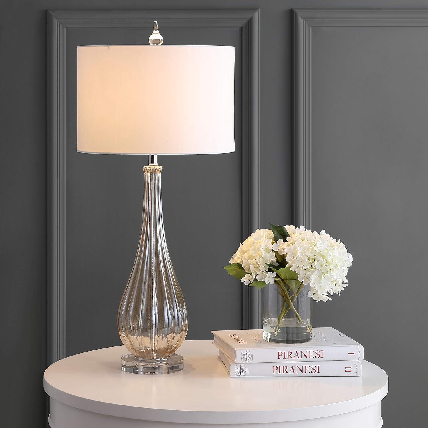 image:imageJONATHAN Y 3275 Champagne Glass Table Lamp Traditional Teardrop Crystal Bedside Lamp with White Faux Silk Drum Shade for Living Room UL Listed LED Bulb Included JYL2070A