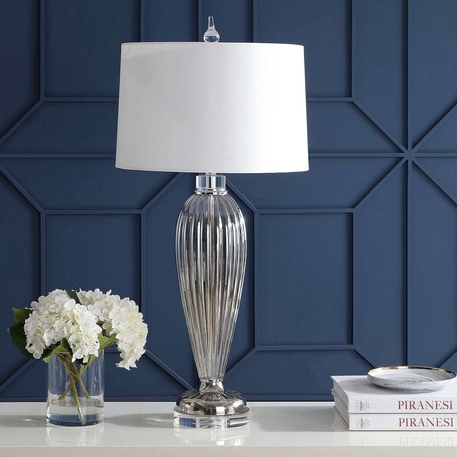 image:imageJONATHAN Y 335 Smoked Grey GlassCrystal Table Lamp Traditional Fluted Glass Column with White Faux Silk Drum Shade Chrome Base for Living Room LED Bulb Included JYL2066A