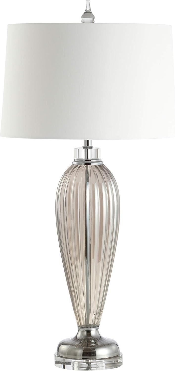 image:imageJONATHAN Y 335 Smoked Grey GlassCrystal Table Lamp Traditional Fluted Glass Column with White Faux Silk Drum Shade Chrome Base for Living Room LED Bulb Included JYL2066A