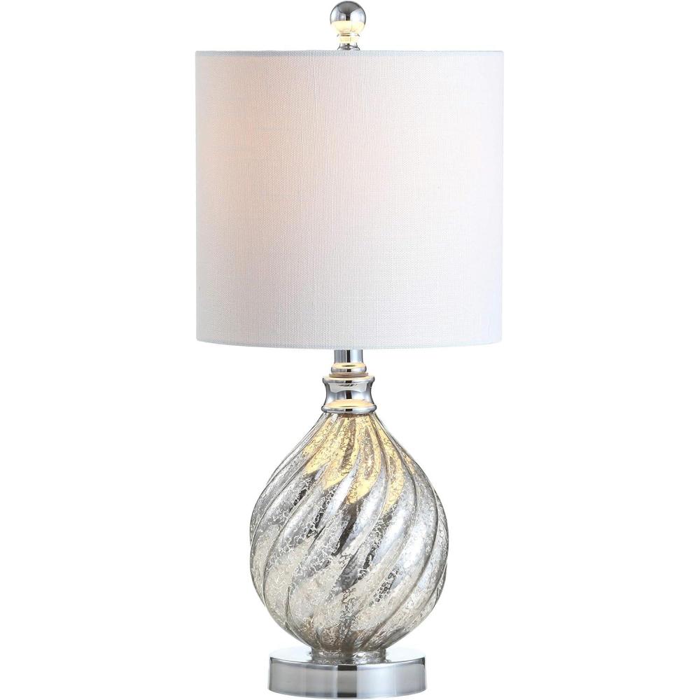 image:imageJONATHAN Y 205 Mercury Silver Textured GlassMetal LED Table Lamp Transitional Glam Bedside Nightstand Lamp White Linen Drum Shade Chrome Accents LED Bulb Included JYL1034A