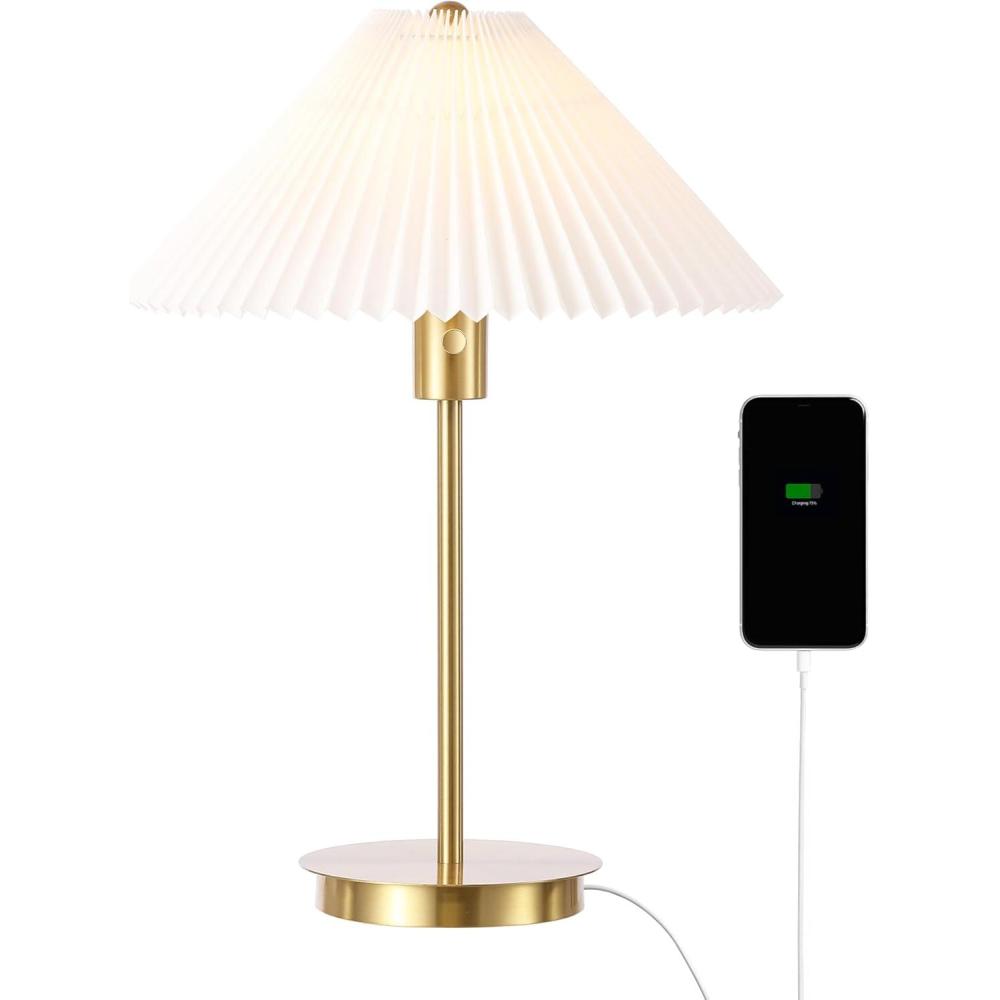 image:imageJONATHAN Y 2125 Brass Gold Modern Glam Metal Column LED Table Lamp with USB Charging Port Scandinavian Minimalist Bedside Lamp White Pleated Shade LED Bulb Included JYL1149A