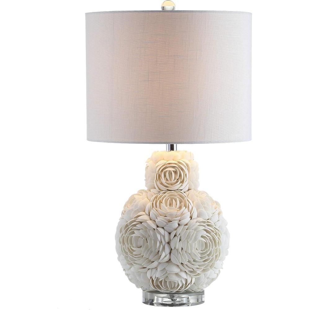 image:imageJONATHAN Y 24 Cream Seashell Rosette LED Table Lamp Coastal Floral Mosaic Resin and Crystal Bedside Lamp for Living Room White Linen Drum Shade LED Bulb Included JYL1049A
