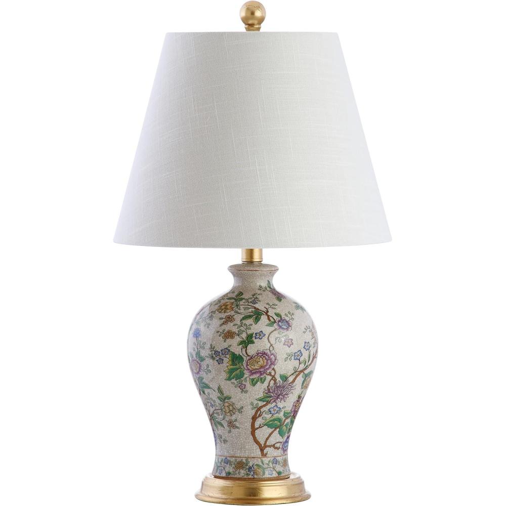 image:imageJONATHAN Y 24 GreenWhite French Country Ceramic Floral Urn Table Lamp White Linen Shade Chinoiserie Ginger Jar Bedside Lamp for Living Room Bedroom LED Bulb JYL3009FMulticolor