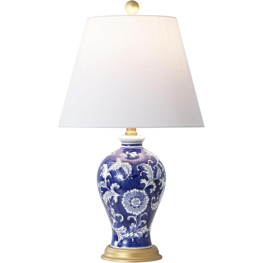 image:imageJONATHAN Y 24 GreenWhite French Country Ceramic Floral Urn Table Lamp White Linen Shade Chinoiserie Ginger Jar Bedside Lamp for Living Room Bedroom LED Bulb JYL3009FNavyWhite