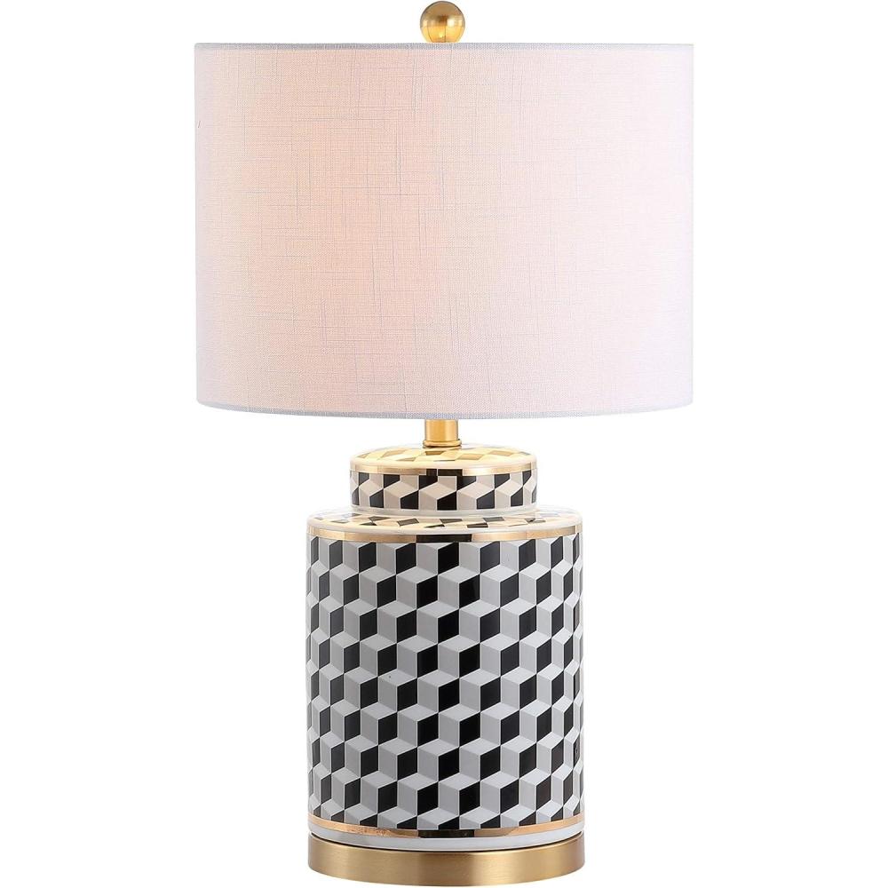 image:imageJONATHAN Y 245 BlackWhite Tumbling Block Ceramic LED Table Lamp Modern Transitional Ginger Jar Lamp for Living Room Bedroom White Linen Shade LED Bulb Included JYL3048A