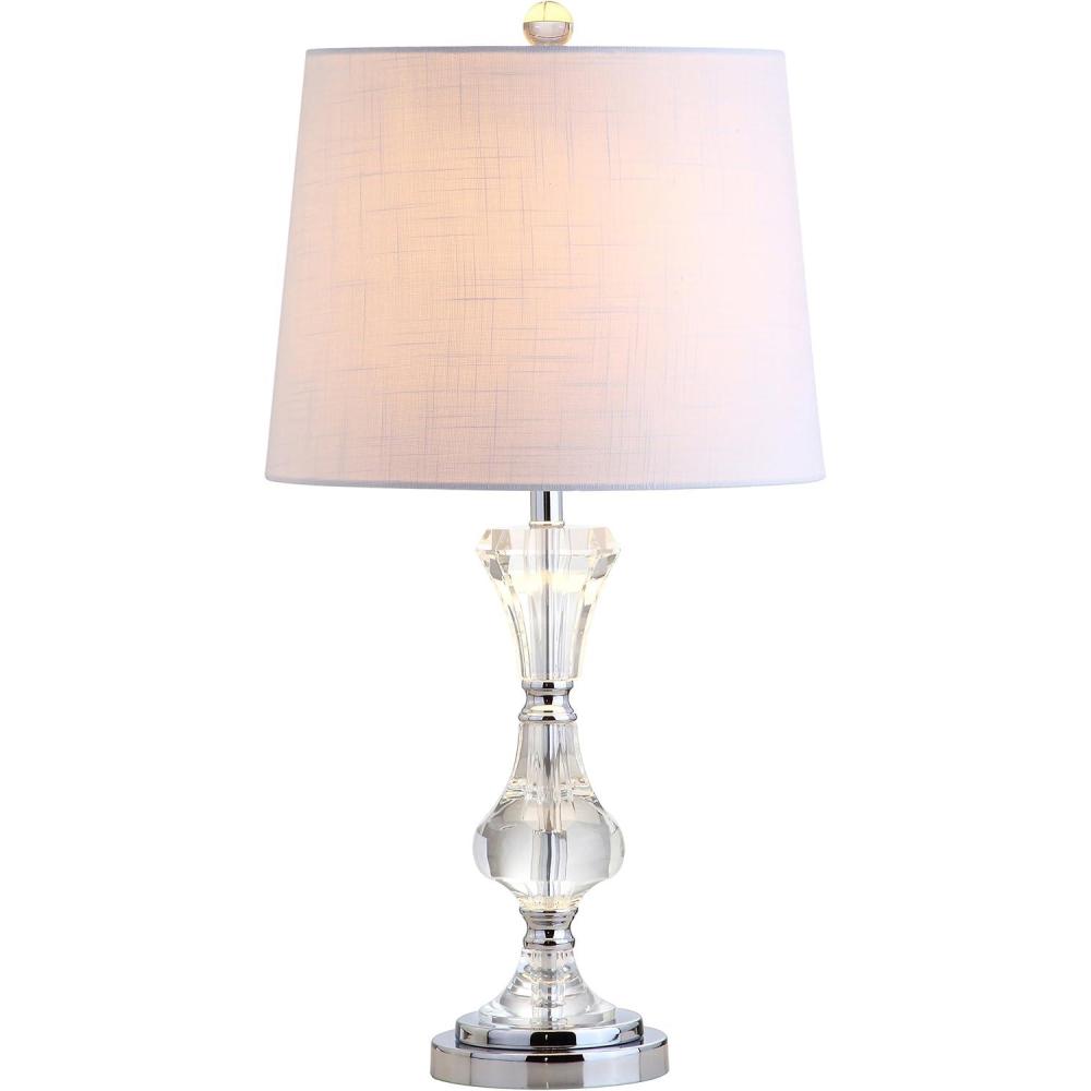 image:imageJONATHAN Y 25 Clear Crystal Table Lamp Glam Traditional Faceted Glass Bedside Lamp for Living Room Bedroom White Linen Shade Chrome Accents LED Bulb Included JYL2040A