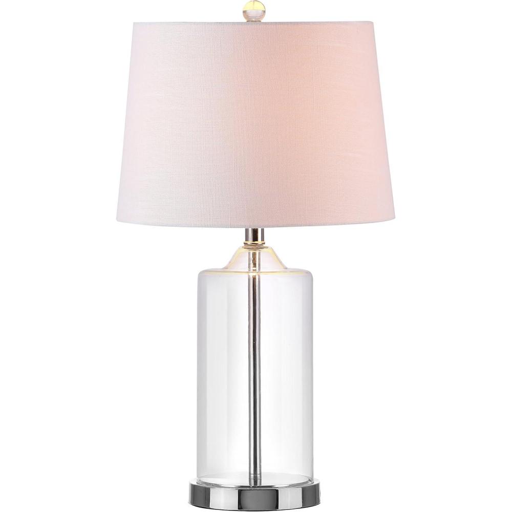 image:imageJONATHAN Y 25 Clear Glass and Chrome LED Table Lamp Modern Coastal Bedside Lamp with White Linen Drum Shade for Living Room Farmhouse Decor LED Bulb Included JYL1018A