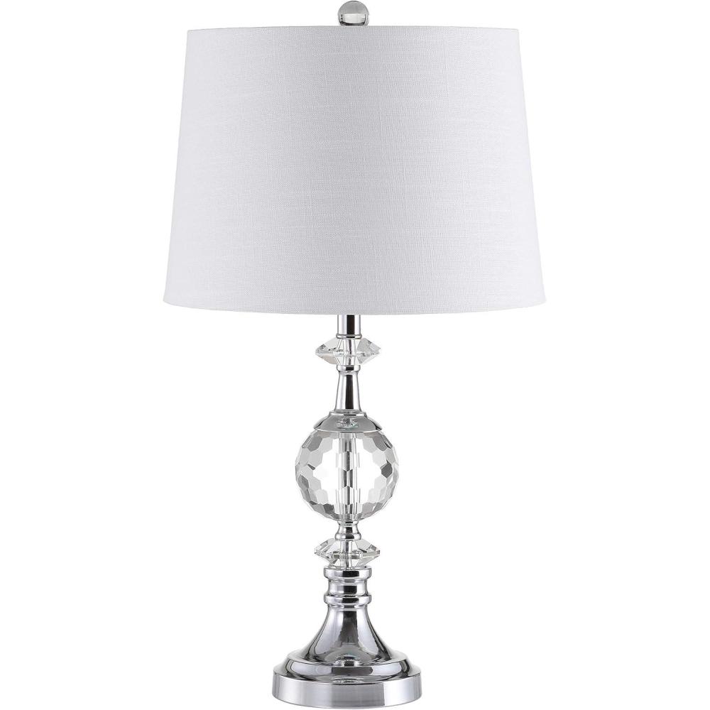 image:imageJONATHAN Y 255 Clear Crystal and Chrome Table Lamp Glam Faceted Sphere Bedside Lamp with White Linen Drum Shade for Living Room Bedroom LED Bulb Included UL Listed JYL5036A