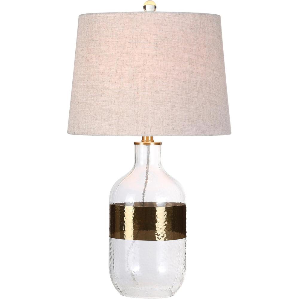 image:imageJONATHAN Y 255 Clear Glass and Brass Gold Table Lamp Modern Farmhouse Banded Bottle Lamp for Living Room Bedroom Gray Linen Drum Shade LED Bulb Included UL Listed JYL4001A