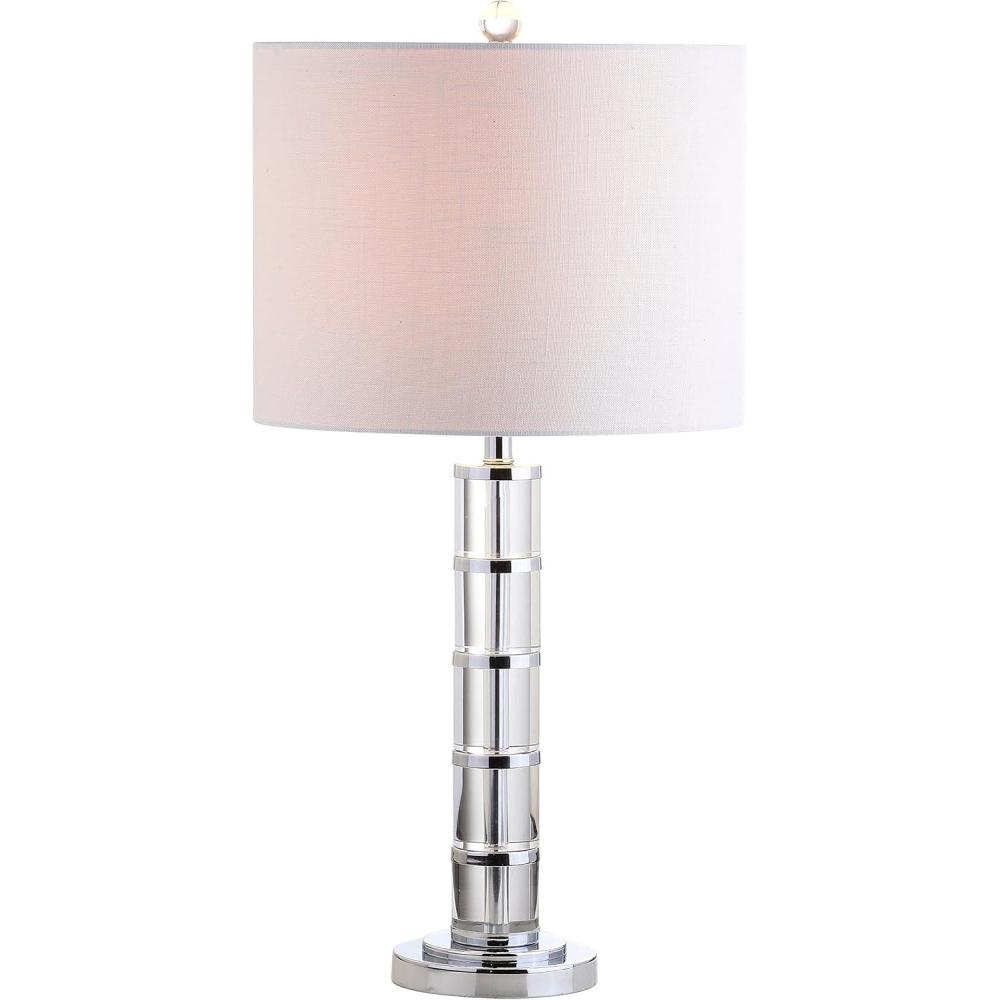 image:imageJONATHAN Y 26 Clear Crystal and Chrome LED Table Lamp Modern Glam Pillar Bedside Lamp with White Linen Drum Shade for Living Room Bedroom LED Bulb Included JYL2053A
