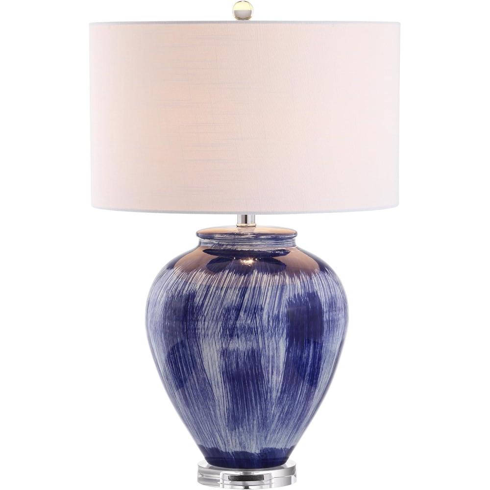 image:imageJONATHAN Y 26 Seaside Blue Ceramic LED Table Lamp Coastal Glam Reactive Glaze Lamp with Crystal Base for Living Room Bedroom White Linen Drum Shade LED Bulb Included JYL5013A