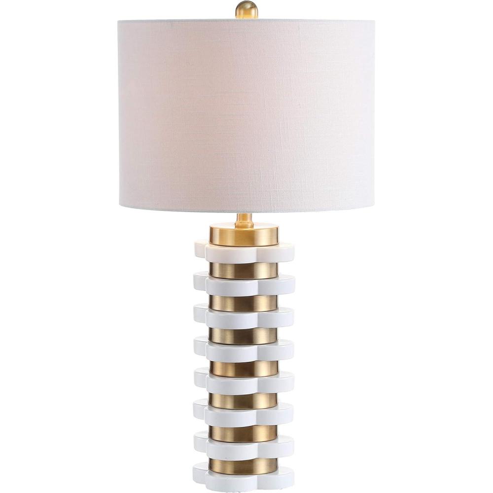 image:imageJONATHAN Y 265 Brass Gold Quatrefoil Striped Resin LED Table Lamp Contemporary Glam Bedside Lamp for Living Room Bedroom White Linen Drum Shade LED Bulb Included JYL1010A