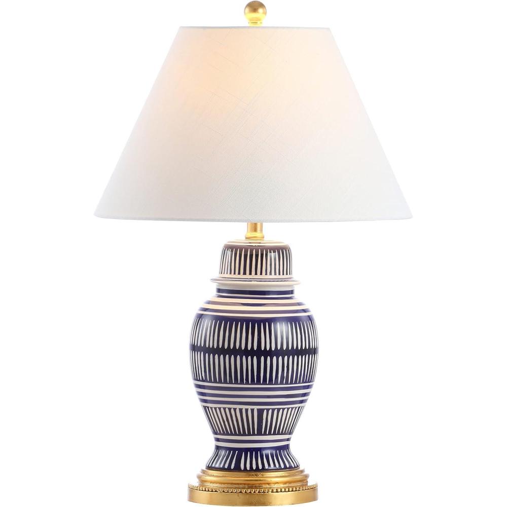 image:imageJONATHAN Y 27 NavyWhite Ceramic Modern Coastal Table Lamp Traditional Ginger Jar Design with Gold Leaf Accents and White Linen Empire Shade LED Bulb Included JYL6611A