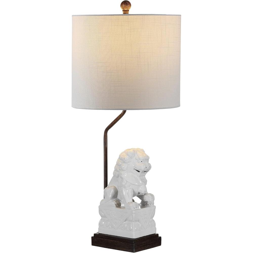 image:imageJONATHAN Y 275 White Guardian Lion Ceramic Table Lamp Classic Chinoiserie Hollywood Regency Nightstand Lamp with White Linen Shade for Living Room LED Bulb Included JYL4038A