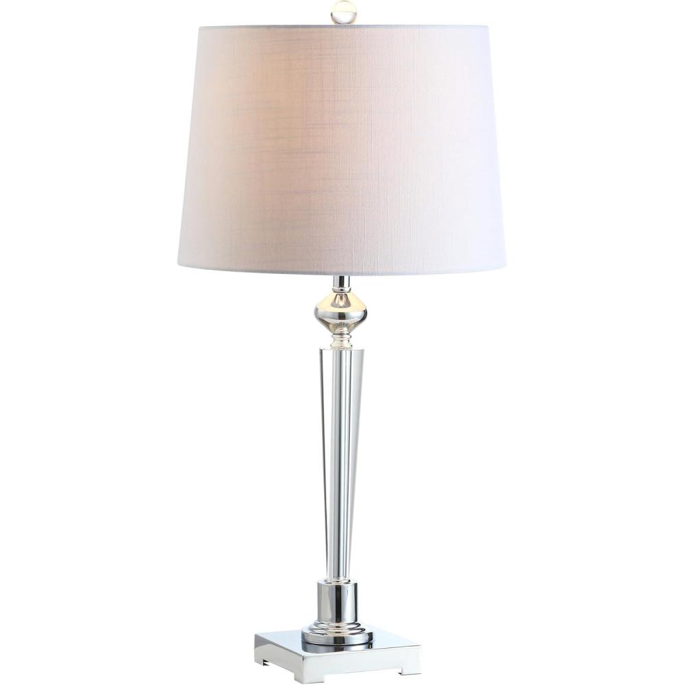image:imageJONATHAN Y 2825 Clear Crystal Table Lamp Chrome Candlestick Base with White Linen Drum Shade Traditional French Country Lamp for Living Room LED Bulb Included JYL2051A