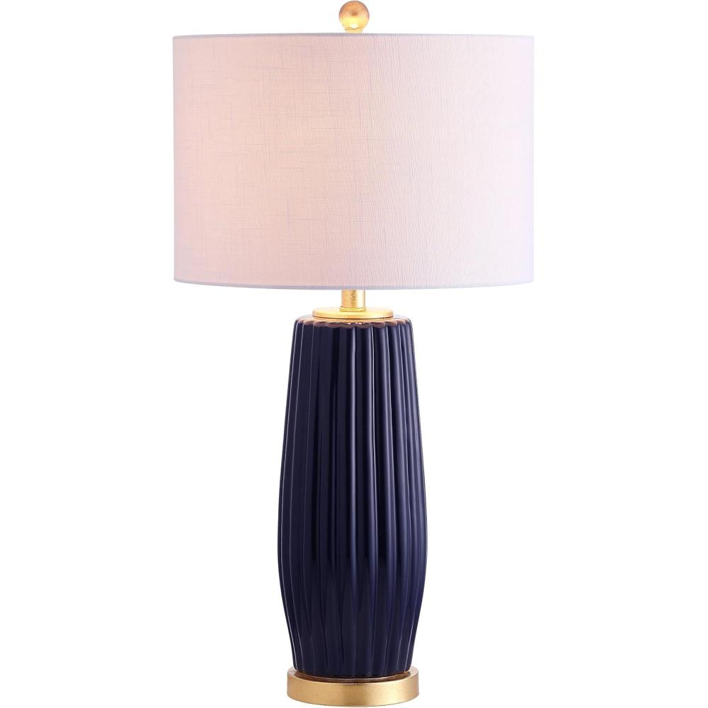 image:imageJONATHAN Y 285 Navy Blue Modern Ceramic Table Lamp for Living Room Bedroom Fluted Bedside Nightstand Lamp with White Linen Shade Gold Base LED Bulb Included JYL5045ANavy