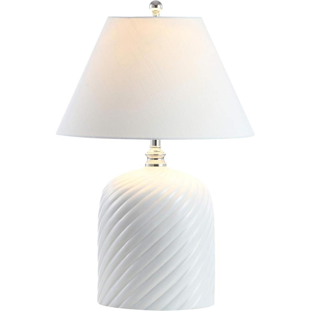 image:imageJONATHAN Y 285 White Ceramic Serge Swirl Table Lamp Bohemian Glam Bedside Lamp for Living Room Bedroom White Linen Empire Shade UL Listed LED Bulb Included JYL6616A