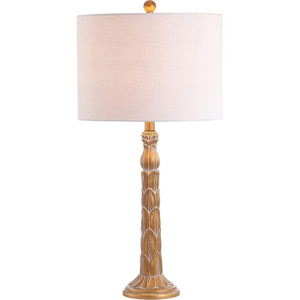 image:imageJONATHAN Y 287 Antique Gold Traditional Resin LED Table Lamp Classic Embossed Leaf Design with White Linen Drum Shade for Living Room Bedroom LED Bulb Included JYL3032A