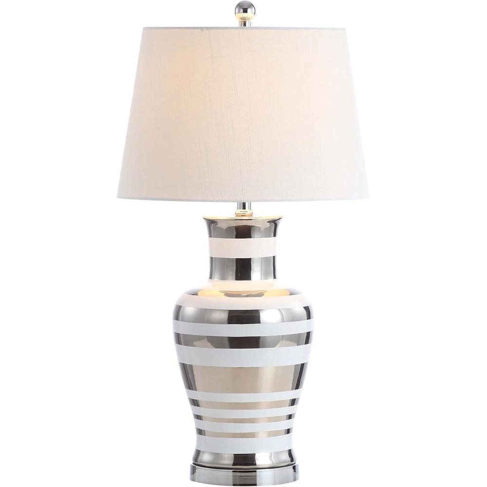 image:imageJONATHAN Y 2875 SilverWhite Striped Ceramic Modern LED Table Lamp Glam Hollywood Regency Bedside Lamp for Living Room Bedroom White Linen Shade LED Bulb Included JYL6603A