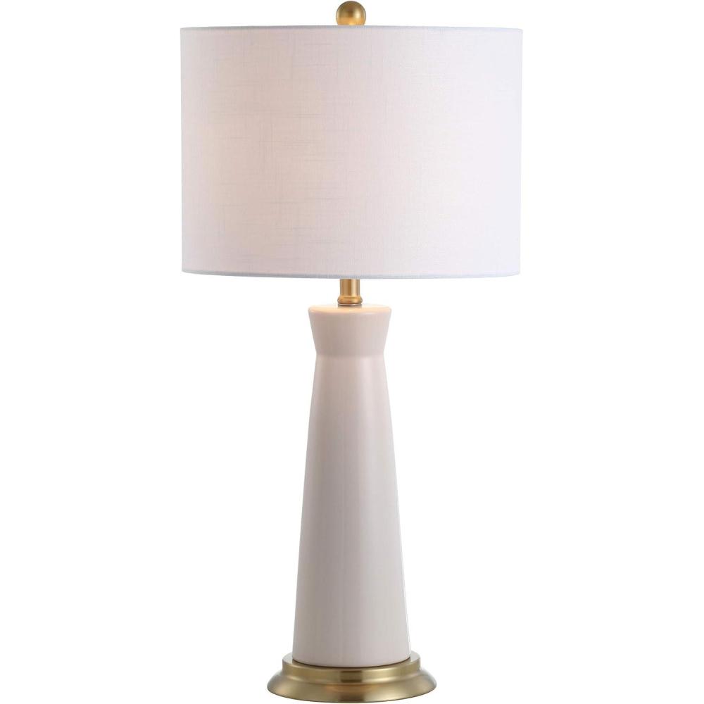 image:imageJONATHAN Y 29 WhiteBrass Gold Modern Ceramic Column Table Lamp with Brass Gold Base Elegant Bedside Lamp for Living Room Bedroom Nightstand White Linen Shade LED Bulb Included JYL3046BCream